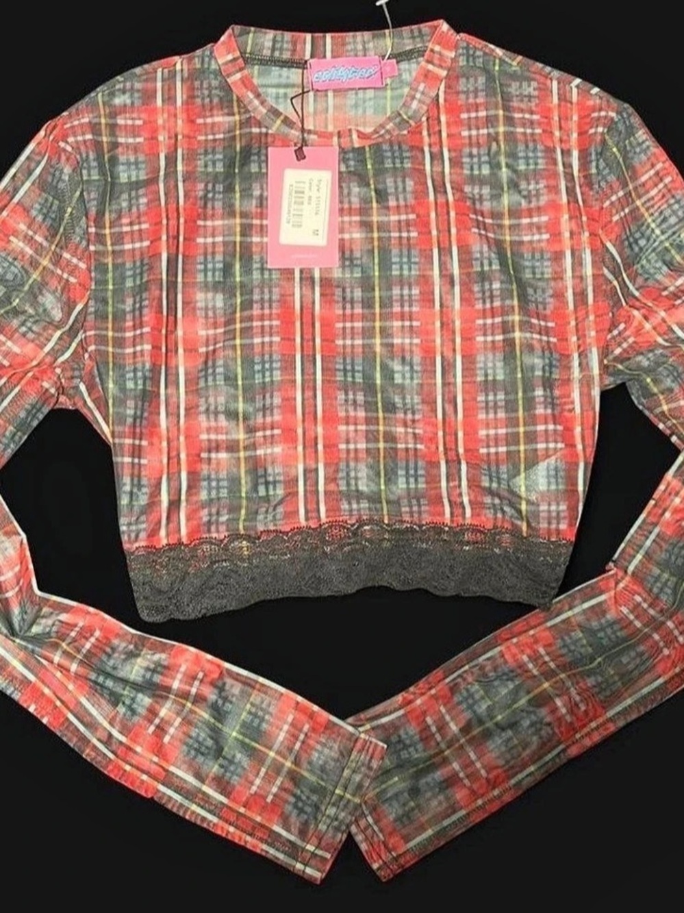 edikted Plaid Long Sleeve Crop Top in Red & Gray Size Medium NWT
